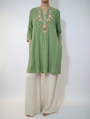 April Cornell Dakota Tunic Green Floral Embroidered Cotton Boho Pockets M